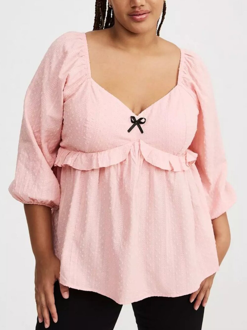 NEW NWT TORRID 1 Plus Size V-Neck Babydoll Top Baby Pink Black Bow Balletcore 1X